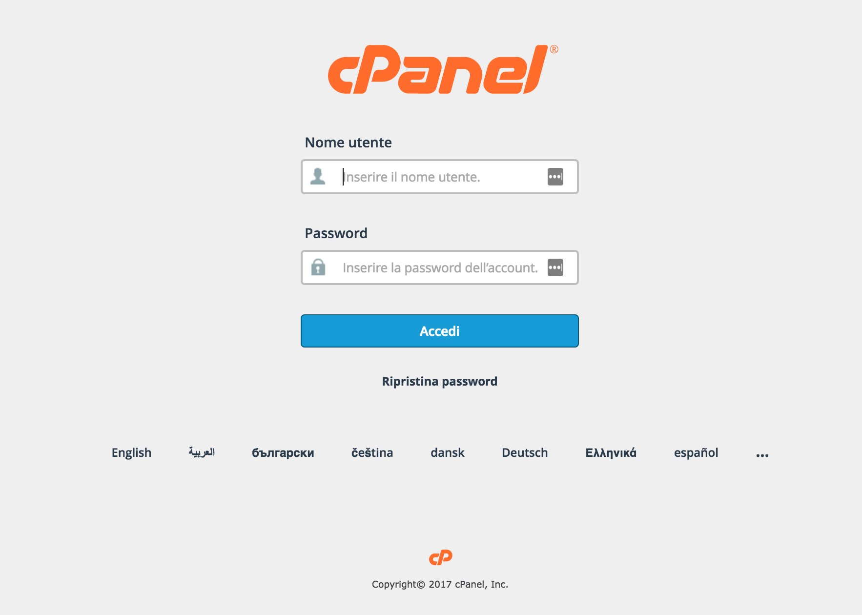 Schermata di login cPanel